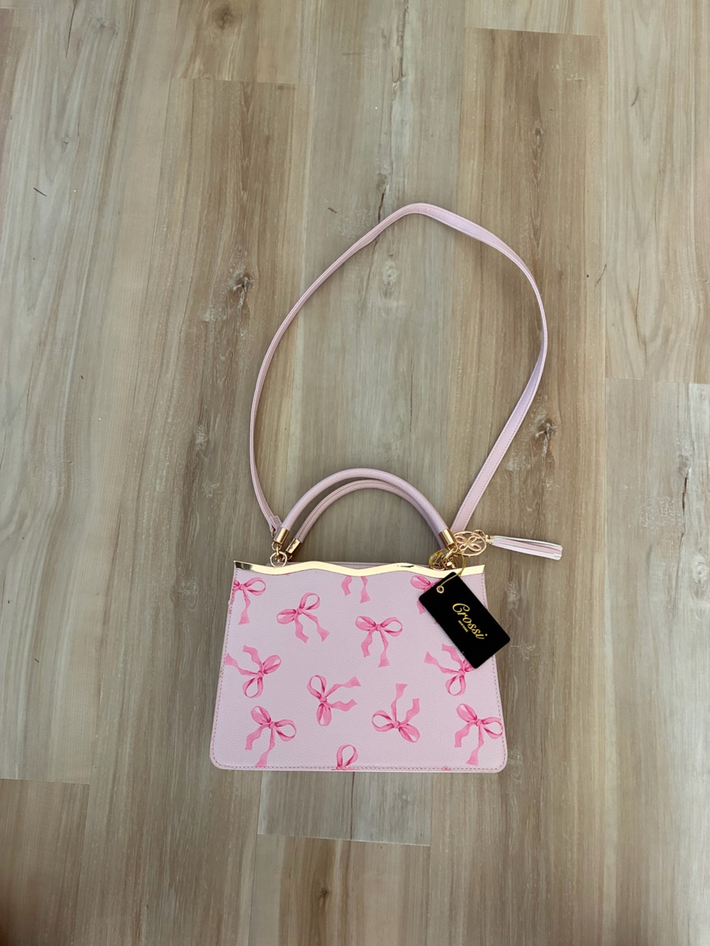 Blush Pink Bow-Print Crossbody Satchel